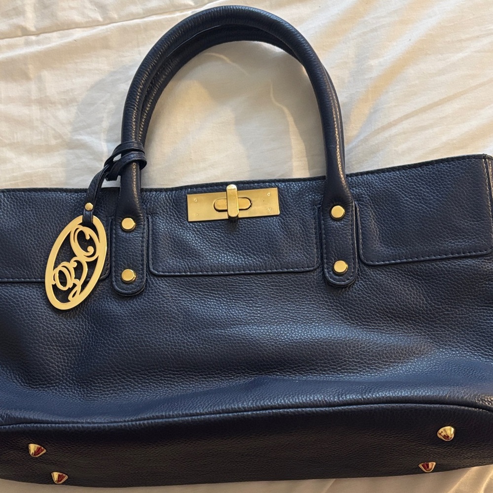 Navy Onna. Ehrlich Leather Tote Handbag with Gold Hardware